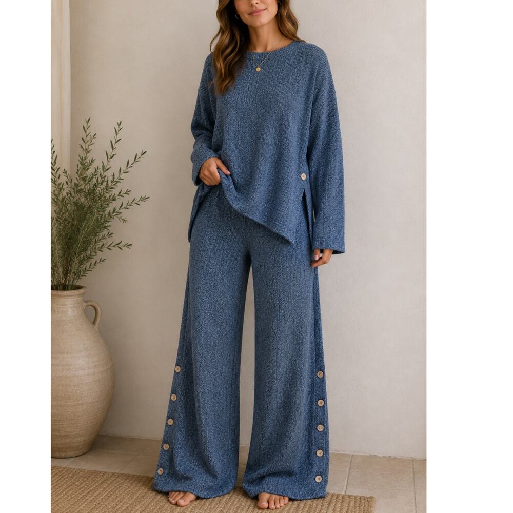 NEW Free People Free-est Blue Sea Combo Cotton Button 2 Piece Wide Leg Set XS
